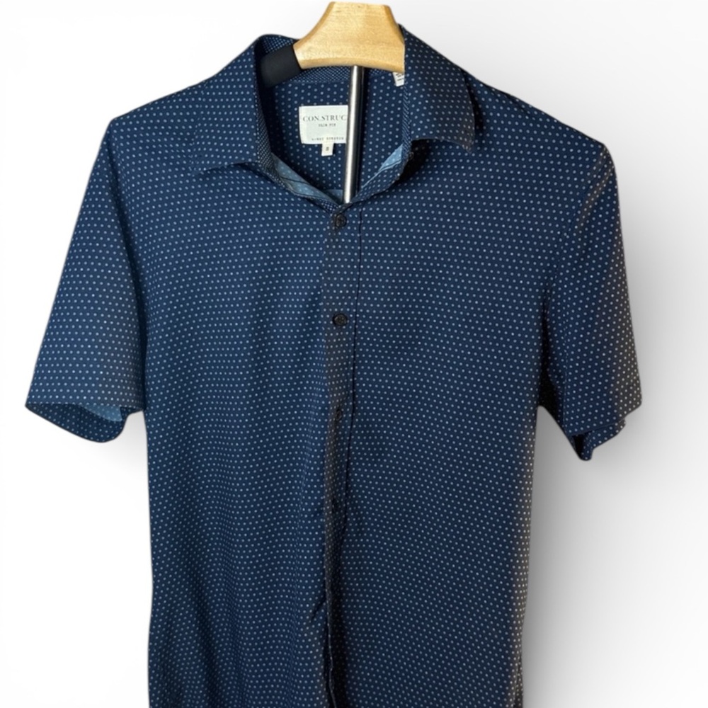 CON.STRUCT Navy Blue Short Sleeve Slim Fit Four Way Stretch Button-Up Shirt